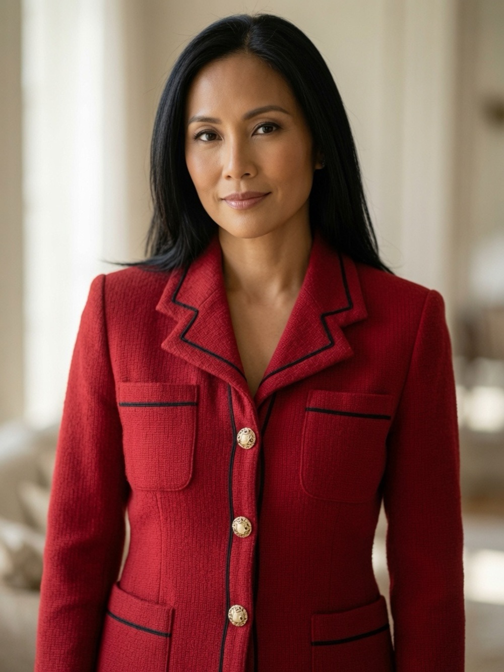 Italian Red Women's Tailored Jacket with Black Trim